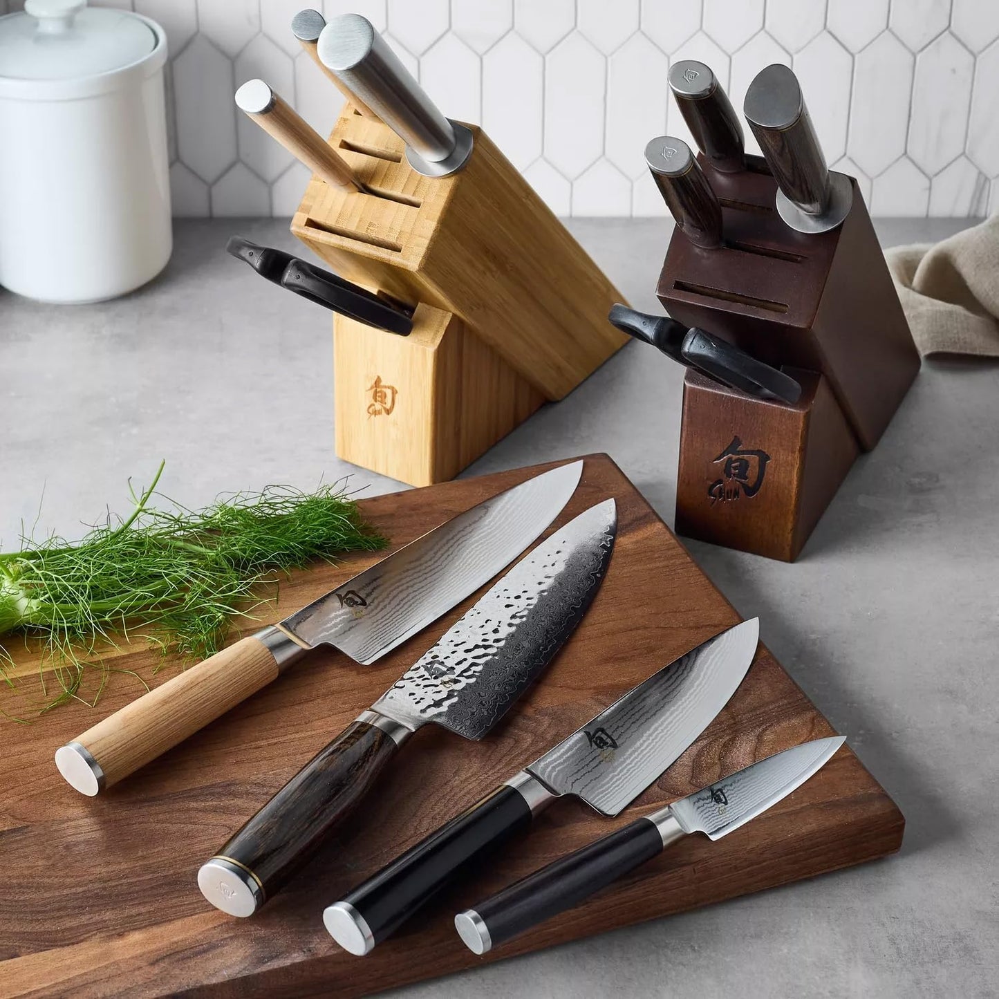 Classic Blonde 6-Piece Knife Block Set with Damascus Steel | Includes 8" Chef's, 4" Paring, 6" Serrated Utility Knife & Shears, Damascus Stainless Steel Cladding, Pakkawood Handle