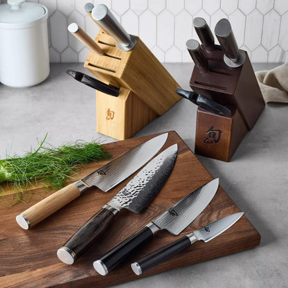 Classic Blonde 6-Piece Knife Block Set with Damascus Steel | Includes 8" Chef's, 4" Paring, 6" Serrated Utility Knife & Shears, Damascus Stainless Steel Cladding, Pakkawood Handle