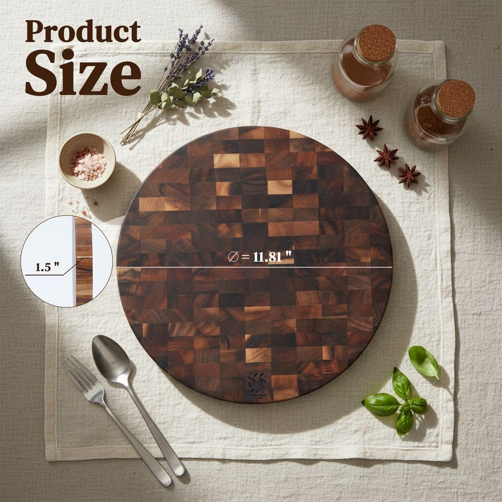 Round End Grain Acacia Cutting Board, 12" x 12" x 1.5" Thick Butcher Block for Meat, Cheese, Charcuterie & Kitchen Prep, Solid Hardwood, Knife Friendly, Non Toxic Wood Serving Board by New M Way