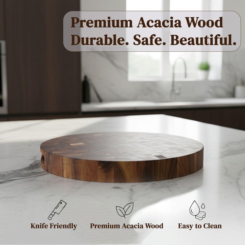 Round End Grain Acacia Cutting Board, 12" x 12" x 1.5" Thick Butcher Block for Meat, Cheese, Charcuterie & Kitchen Prep, Solid Hardwood, Knife Friendly, Non Toxic Wood Serving Board by New M Way