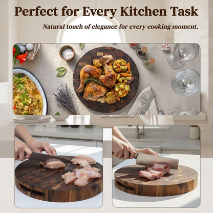 Round End Grain Acacia Cutting Board, 12" x 12" x 1.5" Thick Butcher Block for Meat, Cheese, Charcuterie & Kitchen Prep, Solid Hardwood, Knife Friendly, Non Toxic Wood Serving Board by New M Way