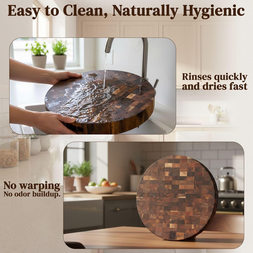 Round End Grain Acacia Cutting Board, 12" x 12" x 1.5" Thick Butcher Block for Meat, Cheese, Charcuterie & Kitchen Prep, Solid Hardwood, Knife Friendly, Non Toxic Wood Serving Board by New M Way