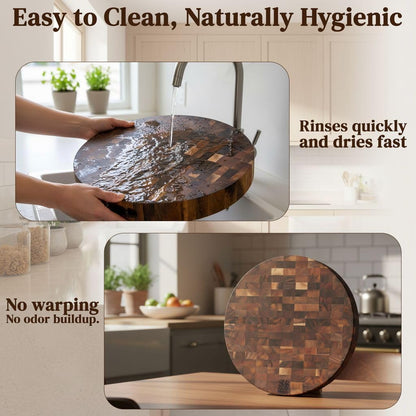 Round End Grain Acacia Cutting Board, 12" x 12" x 1.5" Thick Butcher Block for Meat, Cheese, Charcuterie & Kitchen Prep, Solid Hardwood, Knife Friendly, Non Toxic Wood Serving Board by New M Way