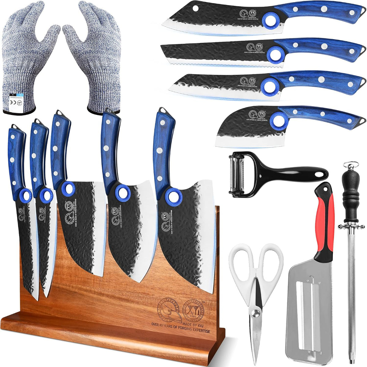 Knife Block Set, 9 Pieces Full Tang Kitchen Knives with Magnetic Knife Block, Honing Steel, Cut Resistant Gloves, Peeler, Scissors, Meat Slicing Vegetable Cooking Bread Butcher Chef Knives