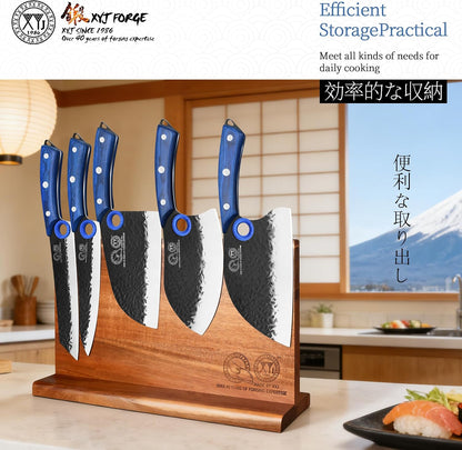 Knife Block Set, 9 Pieces Full Tang Kitchen Knives with Magnetic Knife Block, Honing Steel, Cut Resistant Gloves, Peeler, Scissors, Meat Slicing Vegetable Cooking Bread Butcher Chef Knives