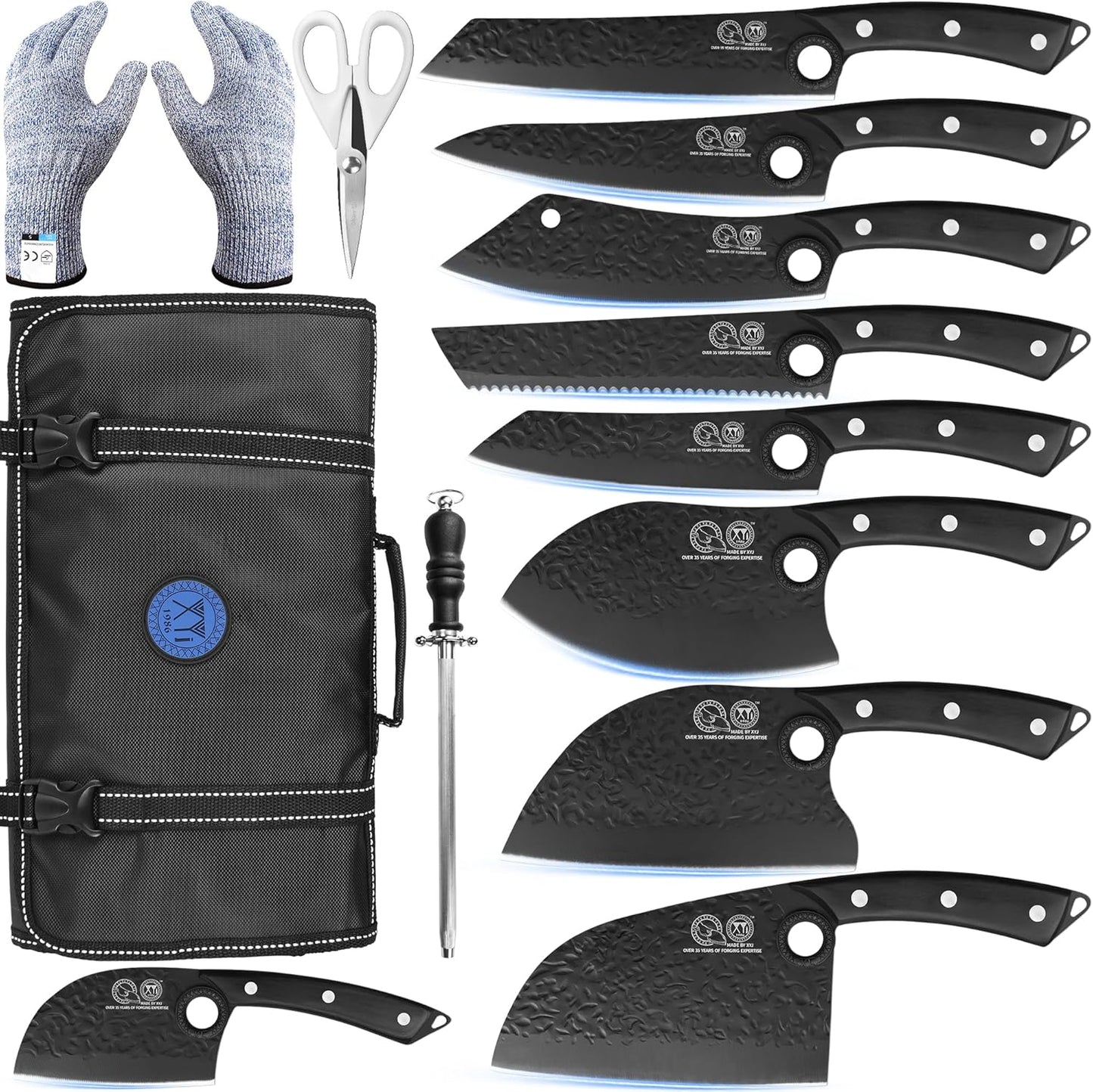 Knife Block Set, 9 Pieces Full Tang Kitchen Knives with Magnetic Knife Block, Honing Steel, Cut Resistant Gloves, Peeler, Scissors, Meat Slicing Vegetable Cooking Bread Butcher Chef Knives