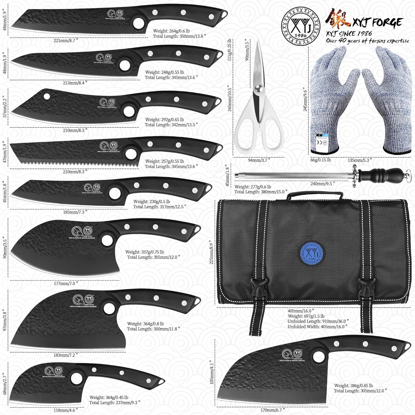 Knife Block Set, 9 Pieces Full Tang Kitchen Knives with Magnetic Knife Block, Honing Steel, Cut Resistant Gloves, Peeler, Scissors, Meat Slicing Vegetable Cooking Bread Butcher Chef Knives