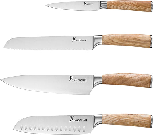 Ultra Sharp 4-Piece Chef Knife Set, 50Cr15MoV High-Carbon Stainless Steel, Torrefied Natural Ash Wood Handles, Magnetic Gift Box