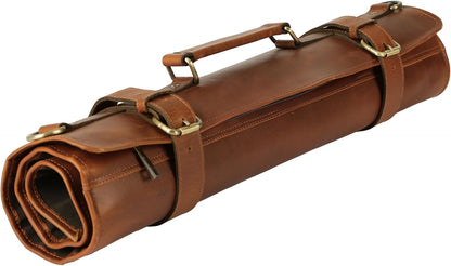 Leather Multipurpose Knife Roll for Chefs – 11 Slots Professional Knife Roll Bag with Zipper Pocket – 30” x 21” Heavy Duty Chef Knife Case for Travel, BBQ & Kitchen Storage