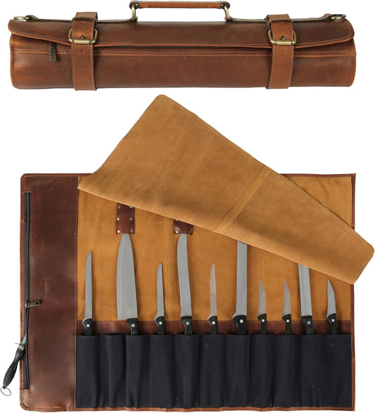 Leather Multipurpose Knife Roll for Chefs – 11 Slots Professional Knife Roll Bag with Zipper Pocket – 30” x 21” Heavy Duty Chef Knife Case for Travel, BBQ & Kitchen Storage
