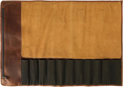 Leather Multipurpose Knife Roll for Chefs – 11 Slots Professional Knife Roll Bag with Zipper Pocket – 30” x 21” Heavy Duty Chef Knife Case for Travel, BBQ & Kitchen Storage
