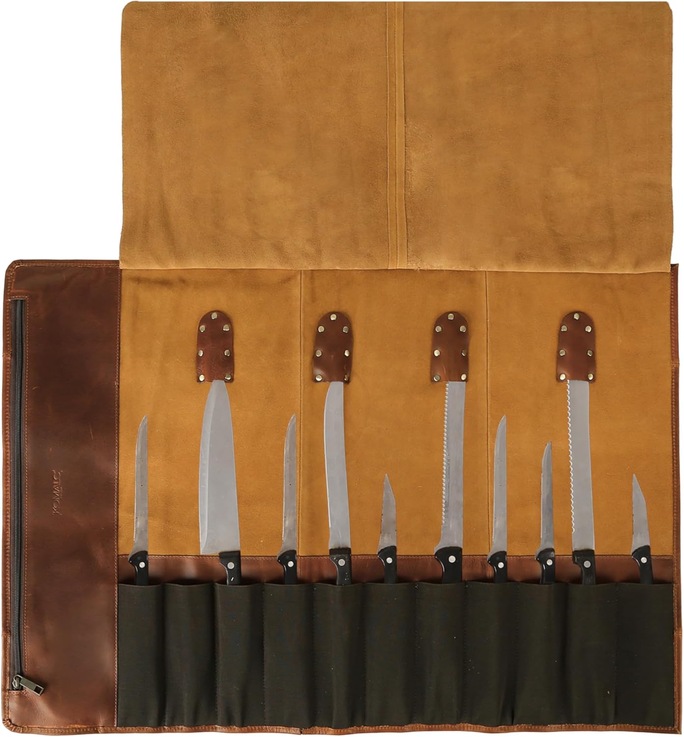 Leather Multipurpose Knife Roll for Chefs – 11 Slots Professional Knife Roll Bag with Zipper Pocket – 30” x 21” Heavy Duty Chef Knife Case for Travel, BBQ & Kitchen Storage