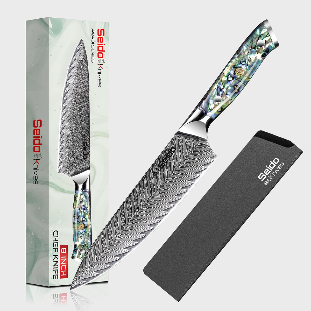 Awabi 8 Inch VG10 Damascus Gyuto Knife, Abalone Handle