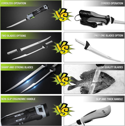 12V Cordless Electric Fillet Knife, 8" & 10" Sharp Blades | Non-Slip Grip Handle, Safety Lock, 2 Rechargeable Batteries, Quick Battery Charger & Carry Case for Fishing and Filleting
