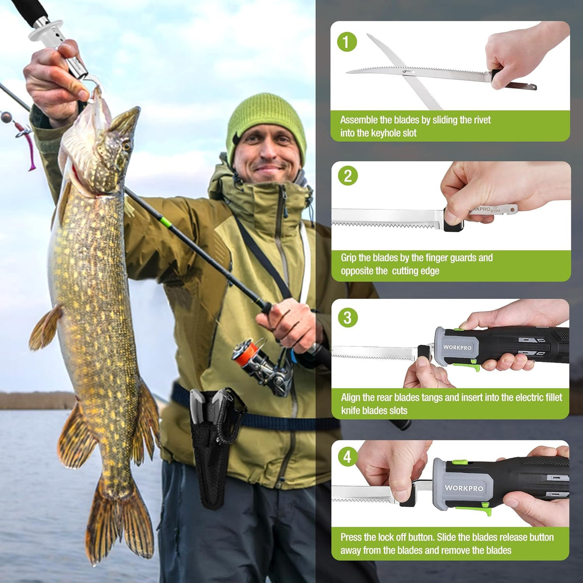 12V Cordless Electric Fillet Knife, 8" & 10" Sharp Blades | Non-Slip Grip Handle, Safety Lock, 2 Rechargeable Batteries, Quick Battery Charger & Carry Case for Fishing and Filleting