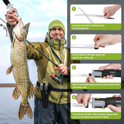 12V Cordless Electric Fillet Knife, 8" & 10" Sharp Blades | Non-Slip Grip Handle, Safety Lock, 2 Rechargeable Batteries, Quick Battery Charger & Carry Case for Fishing and Filleting