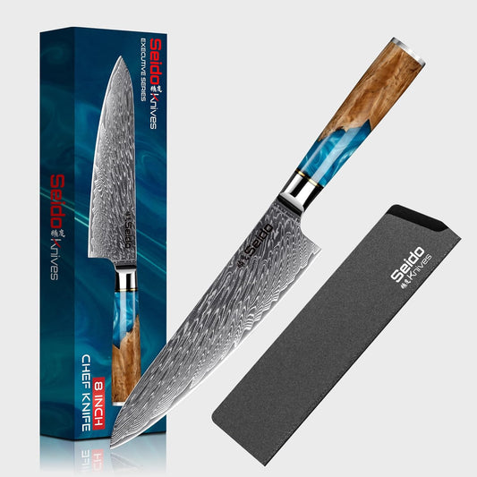 Seido Executive 8 Inch VG10 Damascus Gyuto Chef Knife, Blue Resin | VG10 super steel blade, stainless bolster, and blue resin epoxy handle for precision cutting