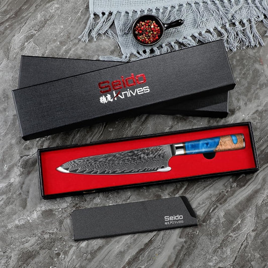 Seido Executive 8 Inch VG10 Damascus Gyuto Chef Knife, Blue Resin | VG10 super steel blade, stainless bolster, and blue resin epoxy handle for precision cutting