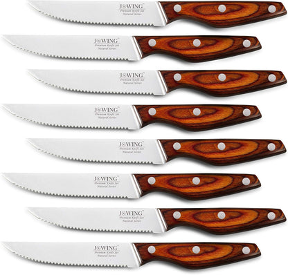 Steak Knives Set of 8, Serrated German Steel, Pakkawood Handles