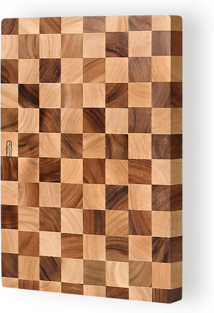 Thai End Grain Acacia Wood Monogram Rectangular Butcher Board w/Handle & Feet, best for chopping serving butcher board, prep station, kitchen deco, cheese, meat, bread, veggies & fruits, 15.7"x11.2"