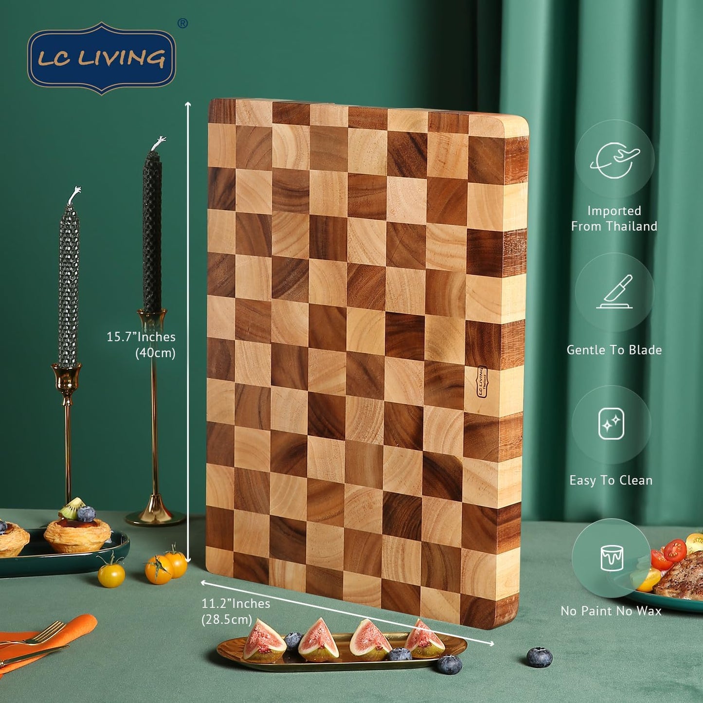Thai End Grain Acacia Wood Monogram Rectangular Butcher Board w/Handle & Feet, best for chopping serving butcher board, prep station, kitchen deco, cheese, meat, bread, veggies & fruits, 15.7"x11.2"