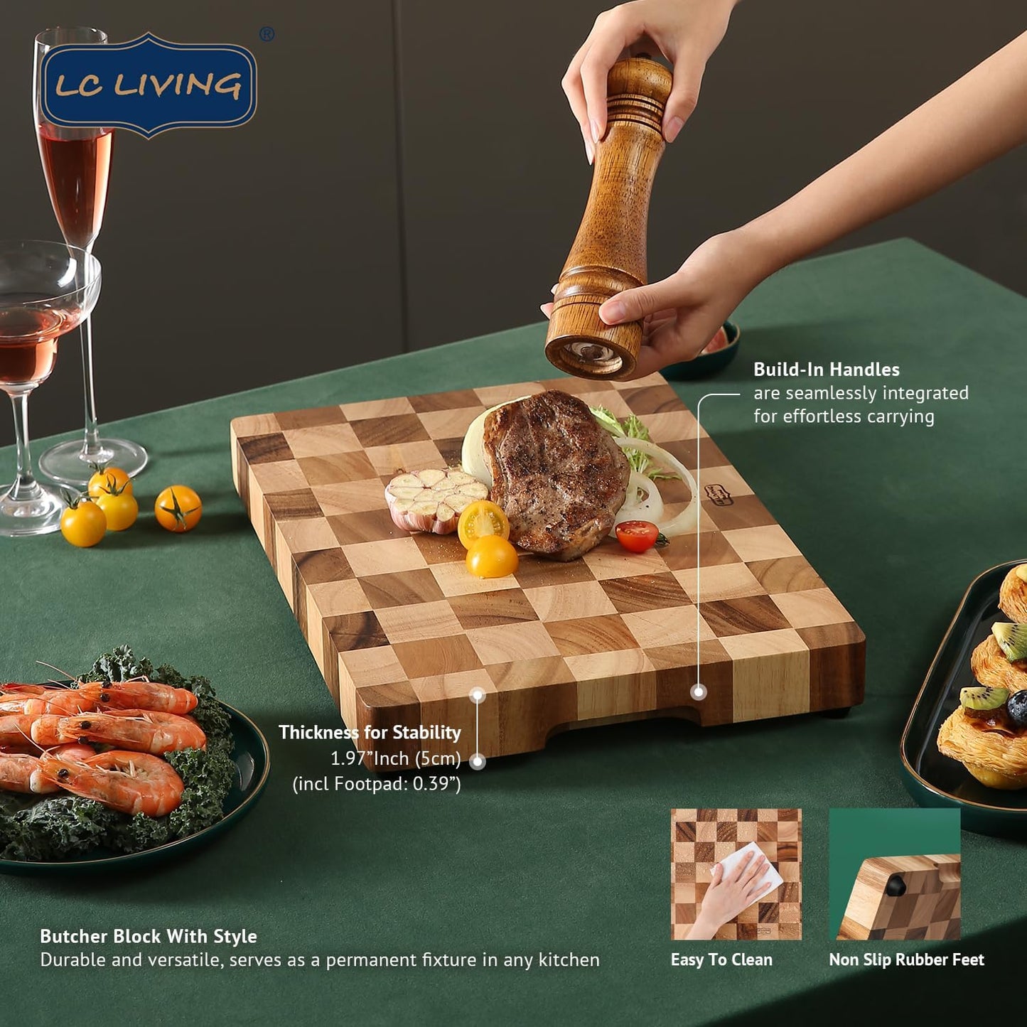 Thai End Grain Acacia Wood Monogram Rectangular Butcher Board w/Handle & Feet, best for chopping serving butcher board, prep station, kitchen deco, cheese, meat, bread, veggies & fruits, 15.7"x11.2"