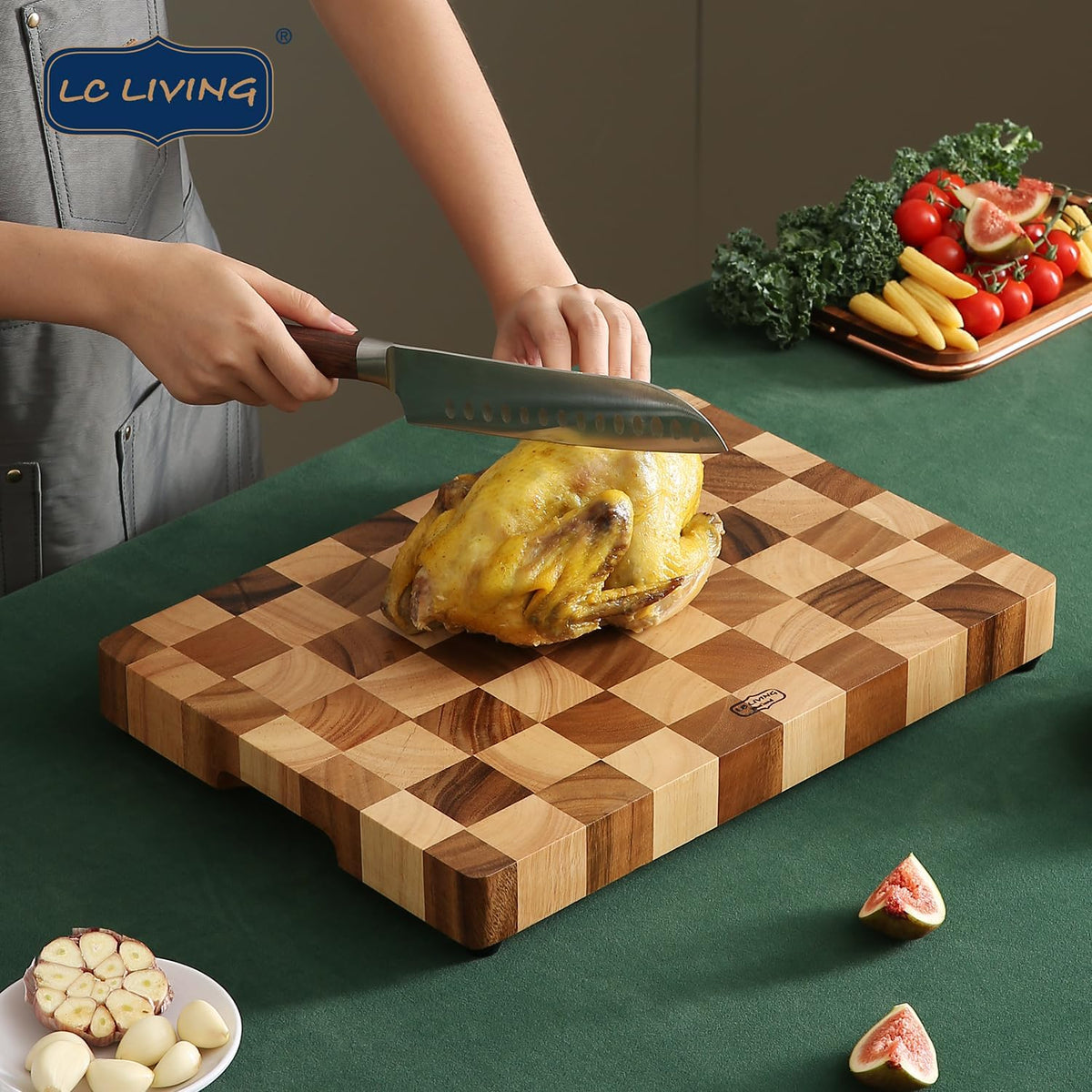 Thai End Grain Acacia Wood Monogram Rectangular Butcher Board w/Handle & Feet, best for chopping serving butcher board, prep station, kitchen deco, cheese, meat, bread, veggies & fruits, 15.7"x11.2"