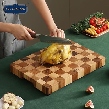 Thai End Grain Acacia Wood Monogram Rectangular Butcher Board w/Handle & Feet, best for chopping serving butcher board, prep station, kitchen deco, cheese, meat, bread, veggies & fruits, 15.7"x11.2"