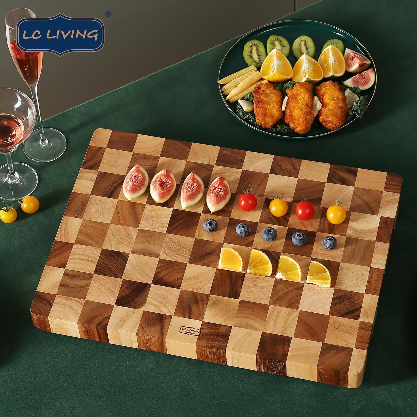Thai End Grain Acacia Wood Monogram Rectangular Butcher Board w/Handle & Feet, best for chopping serving butcher board, prep station, kitchen deco, cheese, meat, bread, veggies & fruits, 15.7"x11.2"