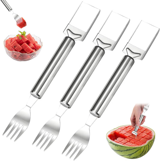 3Pcs 2-in-1 Stainless Steel Fruit Cutter,Watermelon Slicer with Fork,Dual Head Watermelon Fork Slicer Tool for Cubes,Portable for Camping,Picnics,Home,Party