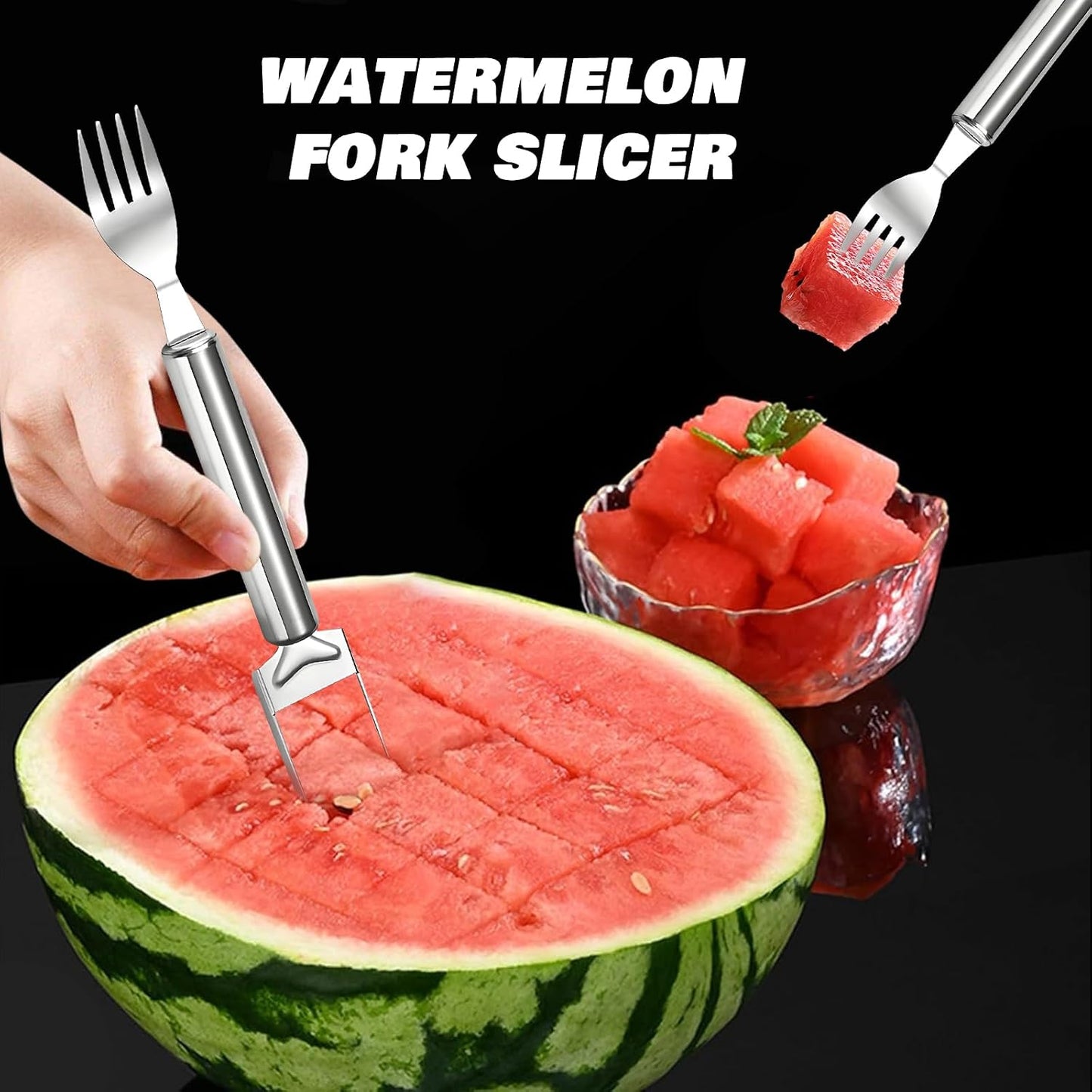 3Pcs 2-in-1 Stainless Steel Fruit Cutter,Watermelon Slicer with Fork,Dual Head Watermelon Fork Slicer Tool for Cubes,Portable for Camping,Picnics,Home,Party