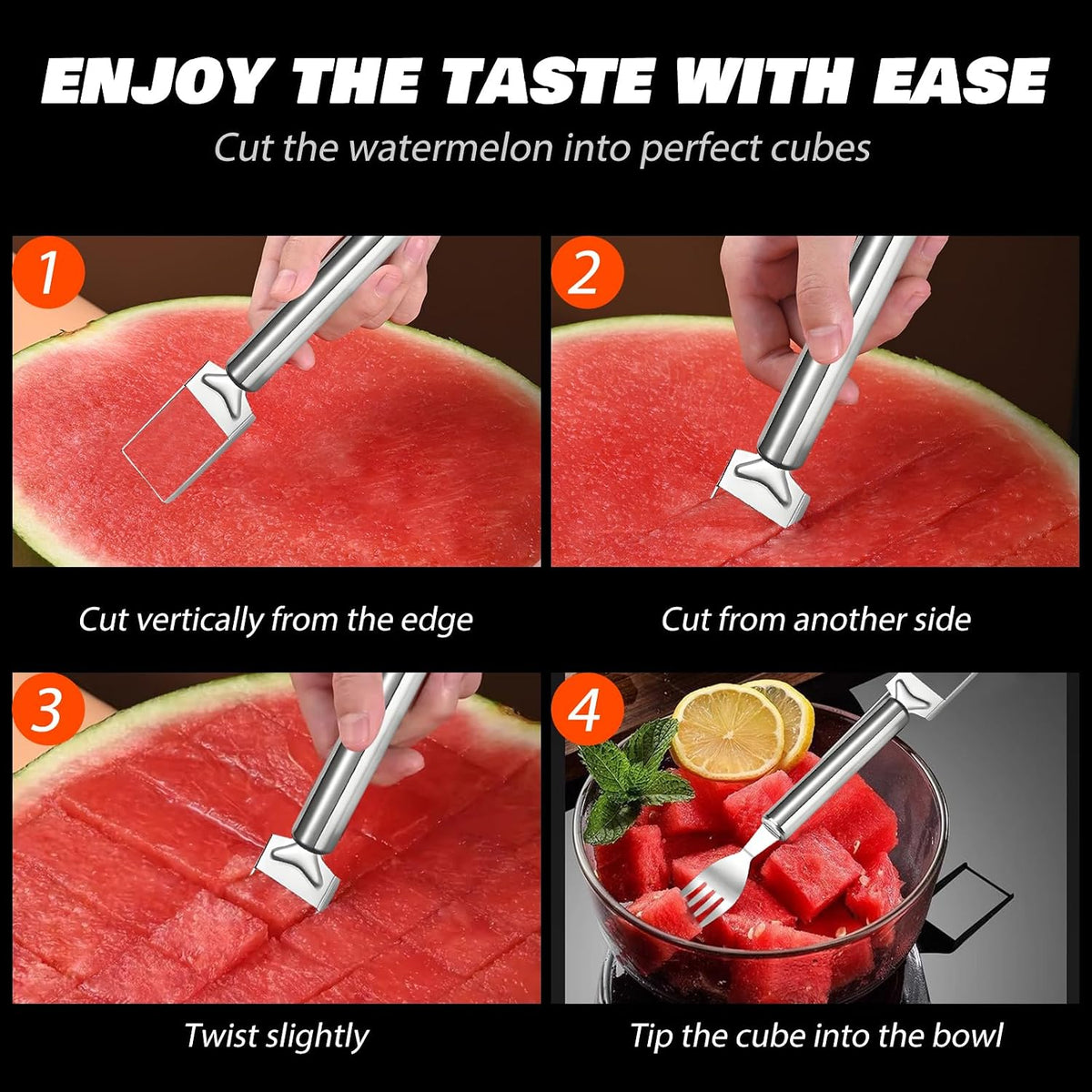 3Pcs 2-in-1 Stainless Steel Fruit Cutter,Watermelon Slicer with Fork,Dual Head Watermelon Fork Slicer Tool for Cubes,Portable for Camping,Picnics,Home,Party