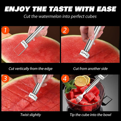 3Pcs 2-in-1 Stainless Steel Fruit Cutter,Watermelon Slicer with Fork,Dual Head Watermelon Fork Slicer Tool for Cubes,Portable for Camping,Picnics,Home,Party
