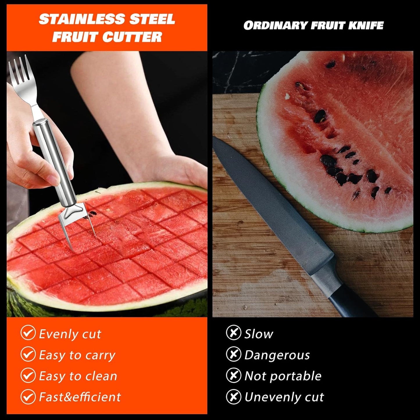 3Pcs 2-in-1 Stainless Steel Fruit Cutter,Watermelon Slicer with Fork,Dual Head Watermelon Fork Slicer Tool for Cubes,Portable for Camping,Picnics,Home,Party