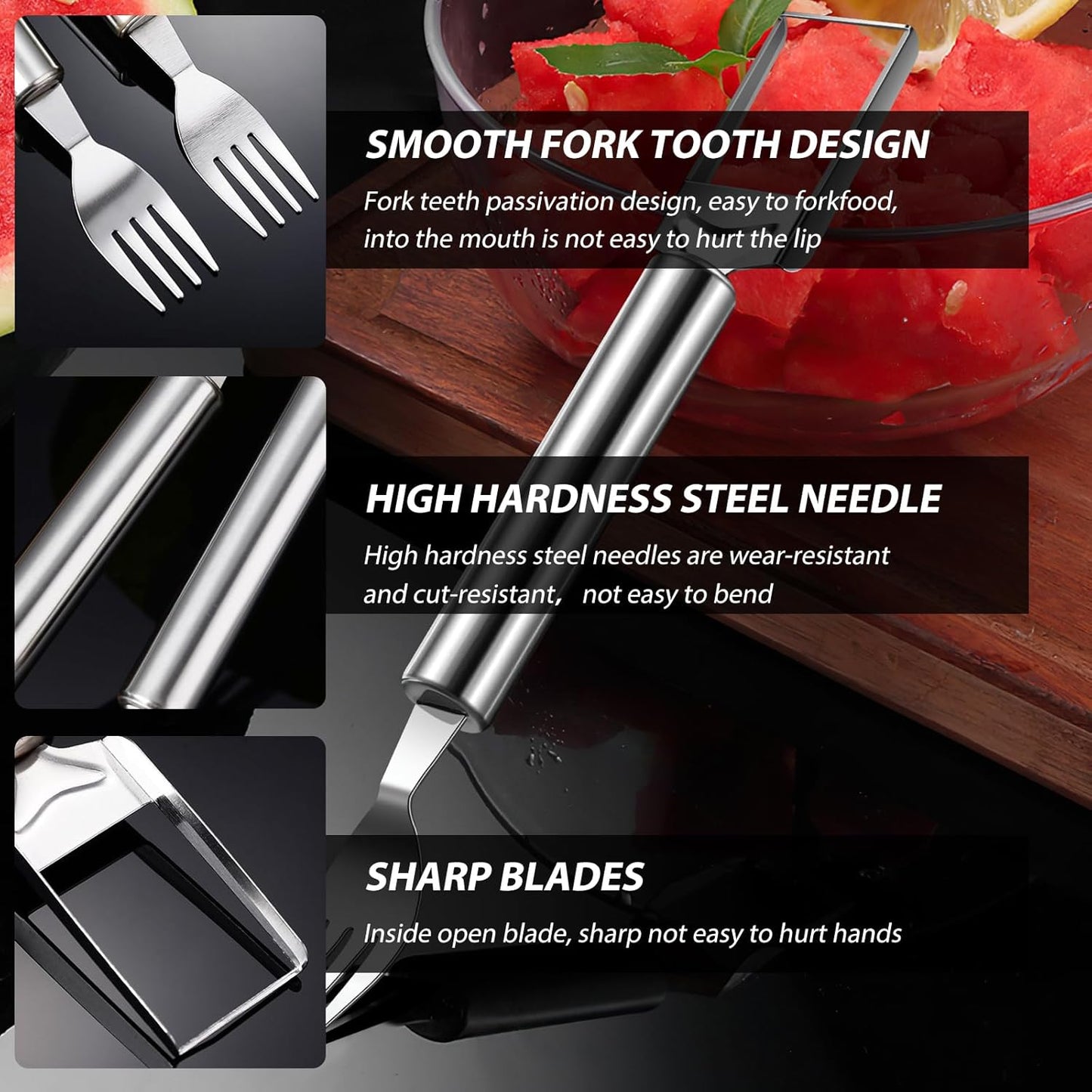 3Pcs 2-in-1 Stainless Steel Fruit Cutter,Watermelon Slicer with Fork,Dual Head Watermelon Fork Slicer Tool for Cubes,Portable for Camping,Picnics,Home,Party