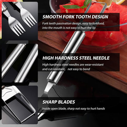 3Pcs 2-in-1 Stainless Steel Fruit Cutter,Watermelon Slicer with Fork,Dual Head Watermelon Fork Slicer Tool for Cubes,Portable for Camping,Picnics,Home,Party