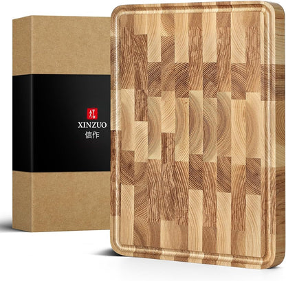 Ash Wood Cutting Board, End Grain Butcher Block for Kitchen, 13.8" x 9.8" x 1", Thick Wooden Chopping Board with Juice Groove, Non-Slip Feet & Side Handles