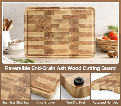 Ash Wood Cutting Board, End Grain Butcher Block for Kitchen, 13.8" x 9.8" x 1", Thick Wooden Chopping Board with Juice Groove, Non-Slip Feet & Side Handles