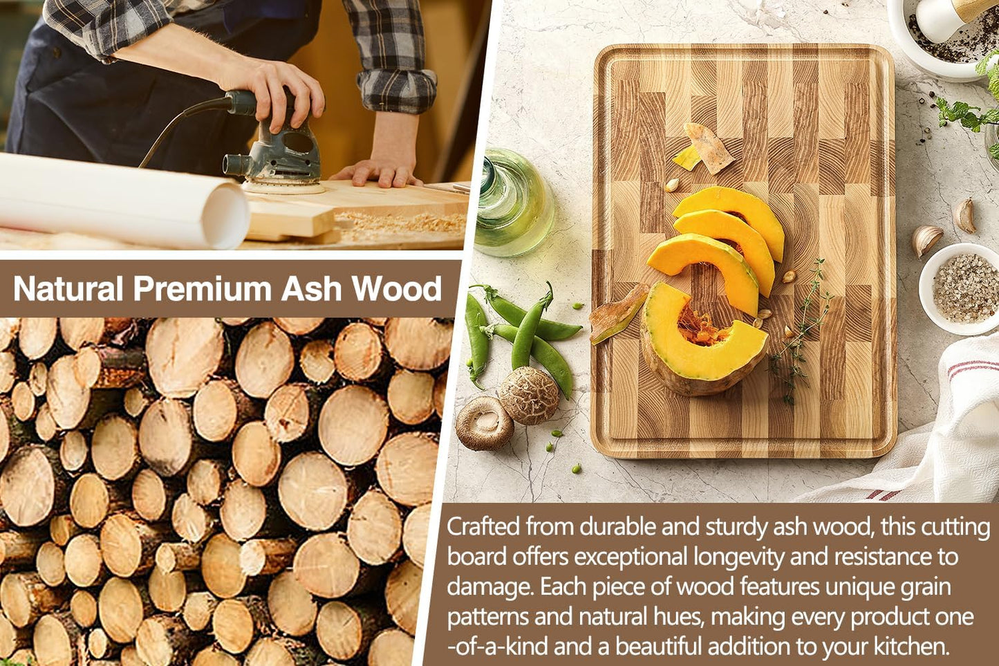 Ash Wood Cutting Board, End Grain Butcher Block for Kitchen, 13.8" x 9.8" x 1", Thick Wooden Chopping Board with Juice Groove, Non-Slip Feet & Side Handles