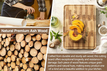 Ash Wood Cutting Board, End Grain Butcher Block for Kitchen, 13.8" x 9.8" x 1", Thick Wooden Chopping Board with Juice Groove, Non-Slip Feet & Side Handles