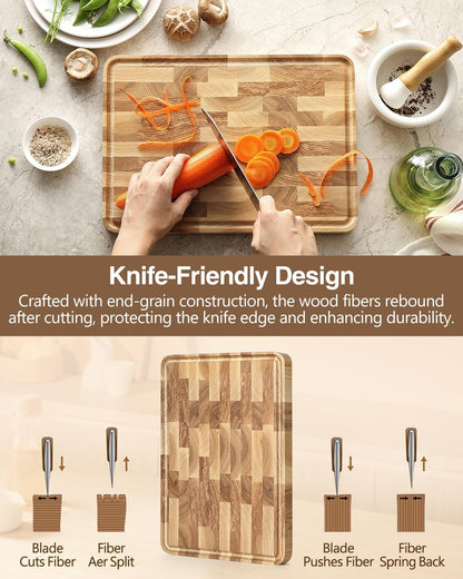Ash Wood Cutting Board, End Grain Butcher Block for Kitchen, 13.8" x 9.8" x 1", Thick Wooden Chopping Board with Juice Groove, Non-Slip Feet & Side Handles