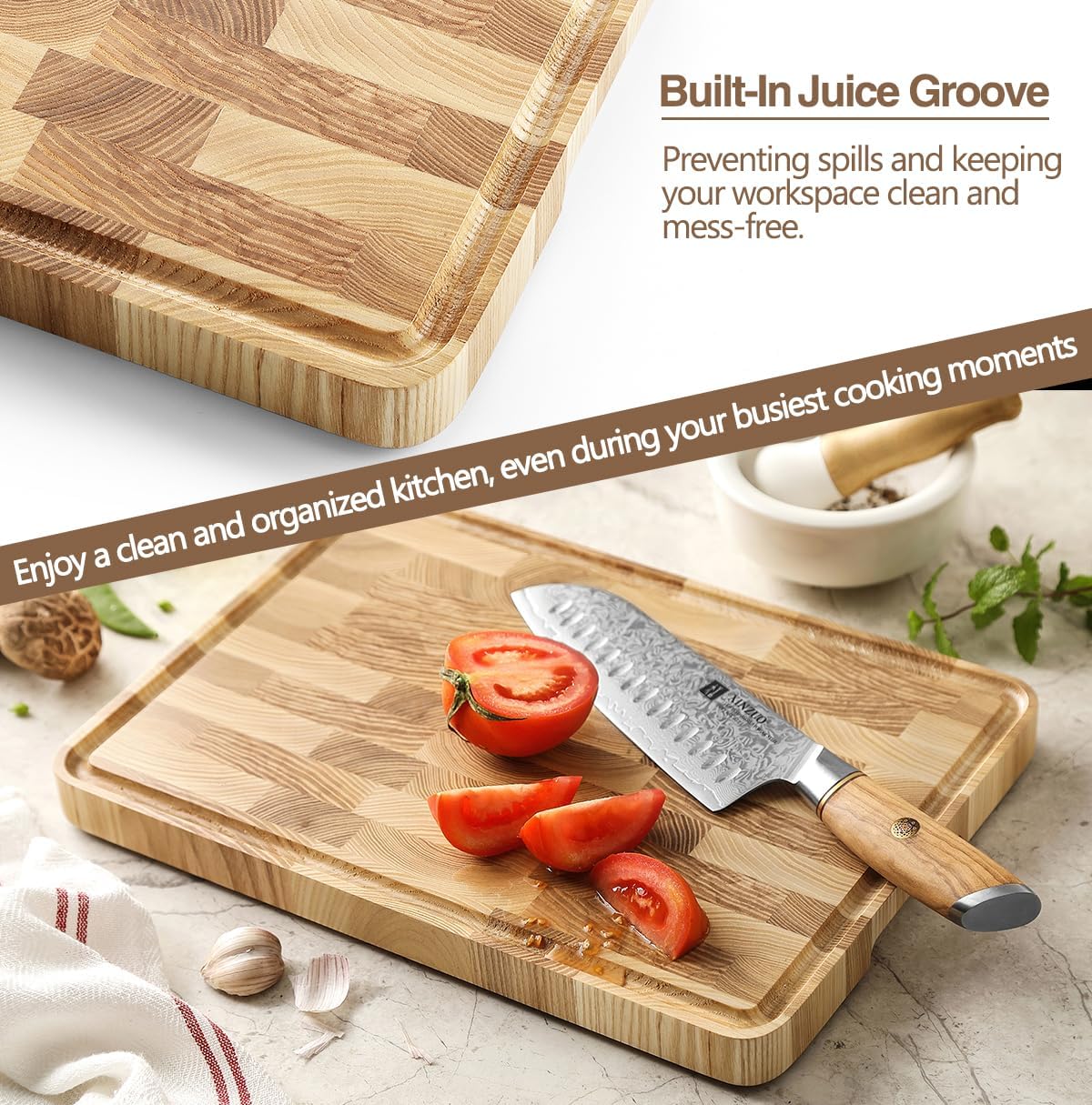 Ash Wood Cutting Board, End Grain Butcher Block for Kitchen, 13.8" x 9.8" x 1", Thick Wooden Chopping Board with Juice Groove, Non-Slip Feet & Side Handles