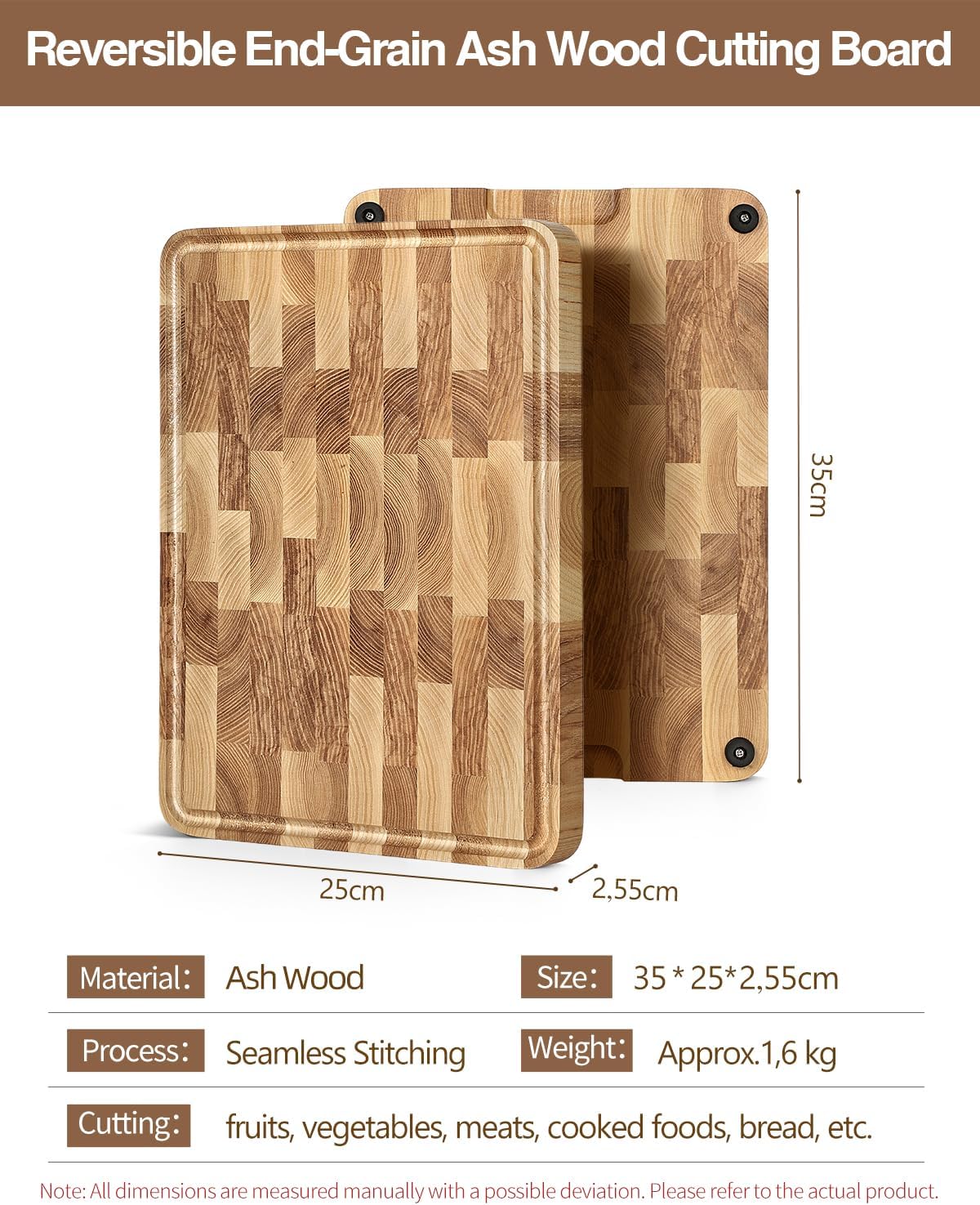 Ash Wood Cutting Board, End Grain Butcher Block for Kitchen, 13.8" x 9.8" x 1", Thick Wooden Chopping Board with Juice Groove, Non-Slip Feet & Side Handles