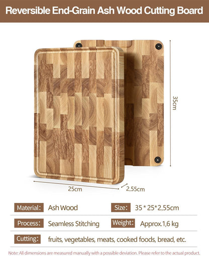 Ash Wood Cutting Board, End Grain Butcher Block for Kitchen, 13.8" x 9.8" x 1", Thick Wooden Chopping Board with Juice Groove, Non-Slip Feet & Side Handles