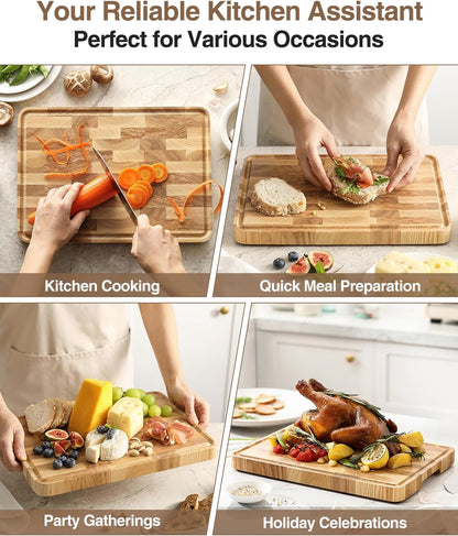 Ash Wood Cutting Board, End Grain Butcher Block for Kitchen, 13.8" x 9.8" x 1", Thick Wooden Chopping Board with Juice Groove, Non-Slip Feet & Side Handles