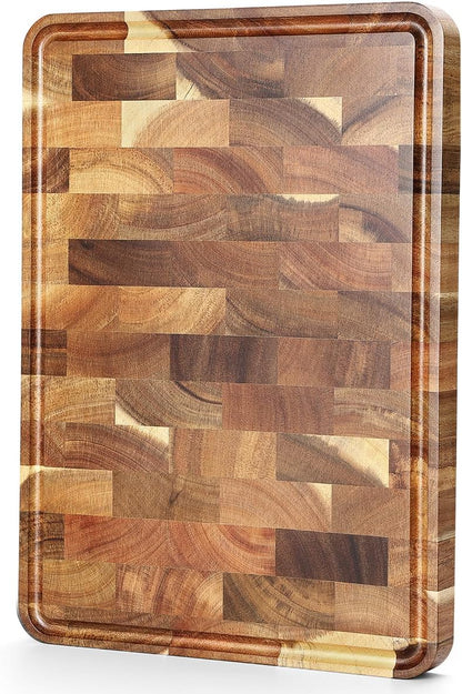 Ash Wood Cutting Board, End Grain Butcher Block for Kitchen, 13.8" x 9.8" x 1", Thick Wooden Chopping Board with Juice Groove, Non-Slip Feet & Side Handles