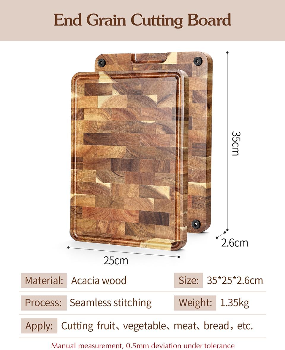 Ash Wood Cutting Board, End Grain Butcher Block for Kitchen, 13.8" x 9.8" x 1", Thick Wooden Chopping Board with Juice Groove, Non-Slip Feet & Side Handles