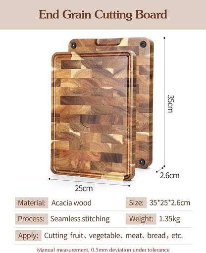 Ash Wood Cutting Board, End Grain Butcher Block for Kitchen, 13.8" x 9.8" x 1", Thick Wooden Chopping Board with Juice Groove, Non-Slip Feet & Side Handles