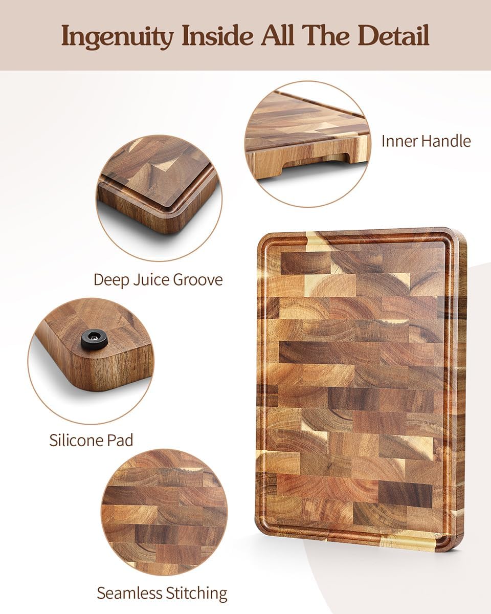 Ash Wood Cutting Board, End Grain Butcher Block for Kitchen, 13.8" x 9.8" x 1", Thick Wooden Chopping Board with Juice Groove, Non-Slip Feet & Side Handles
