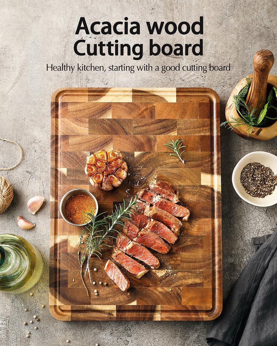 Ash Wood Cutting Board, End Grain Butcher Block for Kitchen, 13.8" x 9.8" x 1", Thick Wooden Chopping Board with Juice Groove, Non-Slip Feet & Side Handles